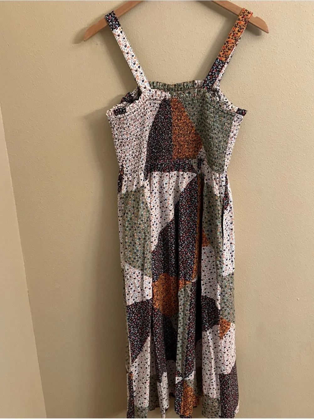 Patchwork Midi Dress Smocked Bodice Grannycore Boho Farmhouse Size Small